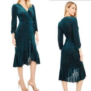 Calvin Klein Animal Print Velvet Burnt Out Emerald Green Wrap Dress Size 8 NWT